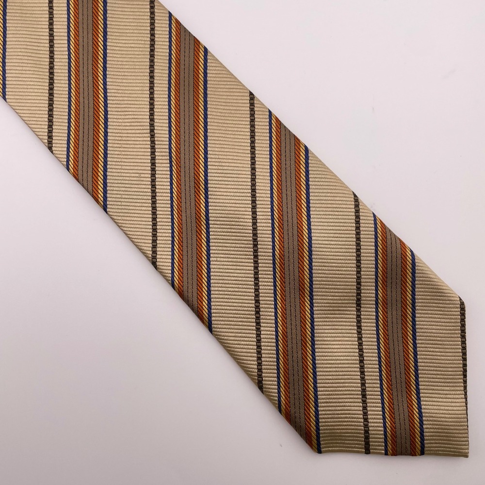 JZ Richards Men Extra Long Silk Necktie Striped Beige Blue Orange Brown Handmade